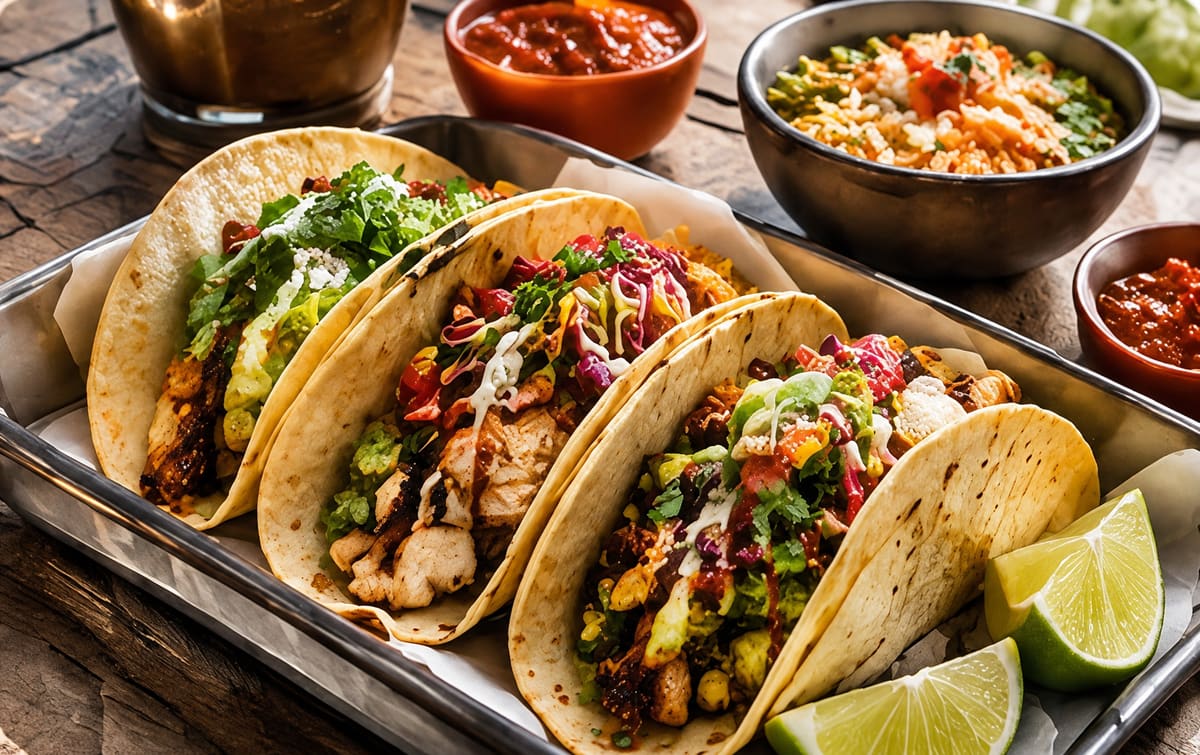 A tray of tacos with lime wedges next to bowls of salsa and rice on a wooden table