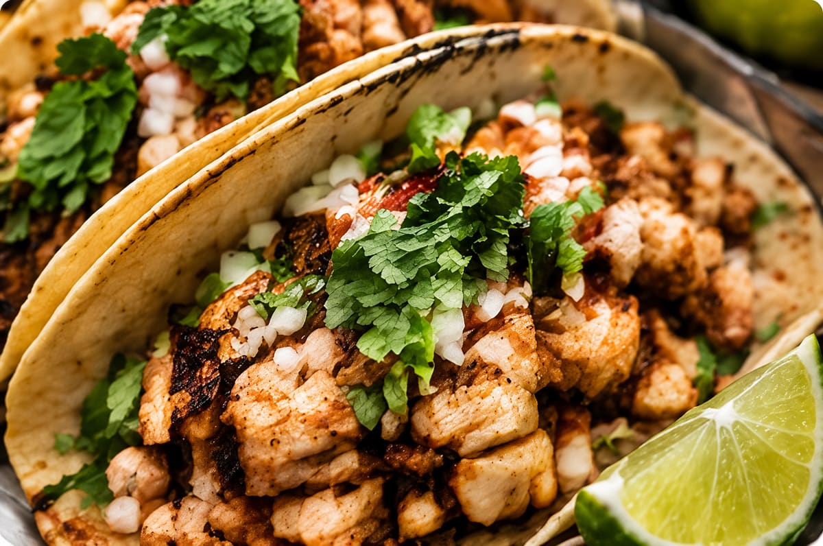 Close-up of a grilled chicken taco with onion, cilantro and a lime wedge