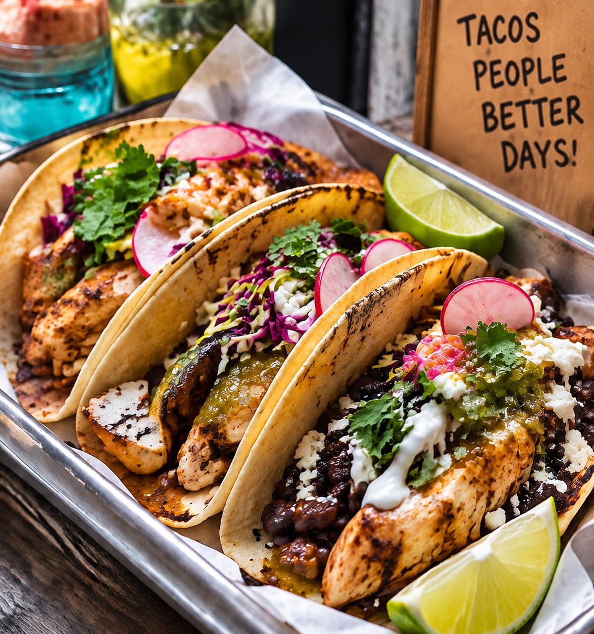 Three soft corn tortilla tacos with grilled chicken, black beans, purple slaw, radish, cilantro and crema on a metal tray with lime wedges