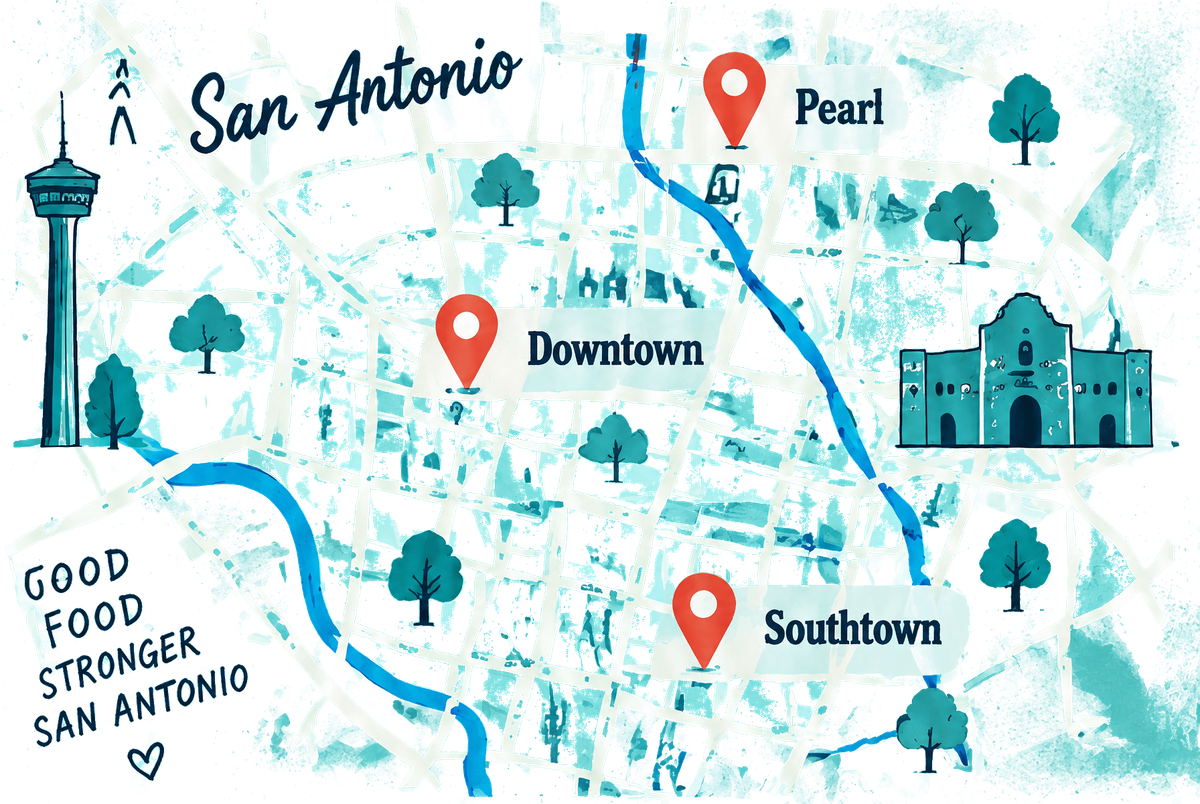 Illustrated map of San Antonio with pins at Pearl, Downtown and Southtown along the river