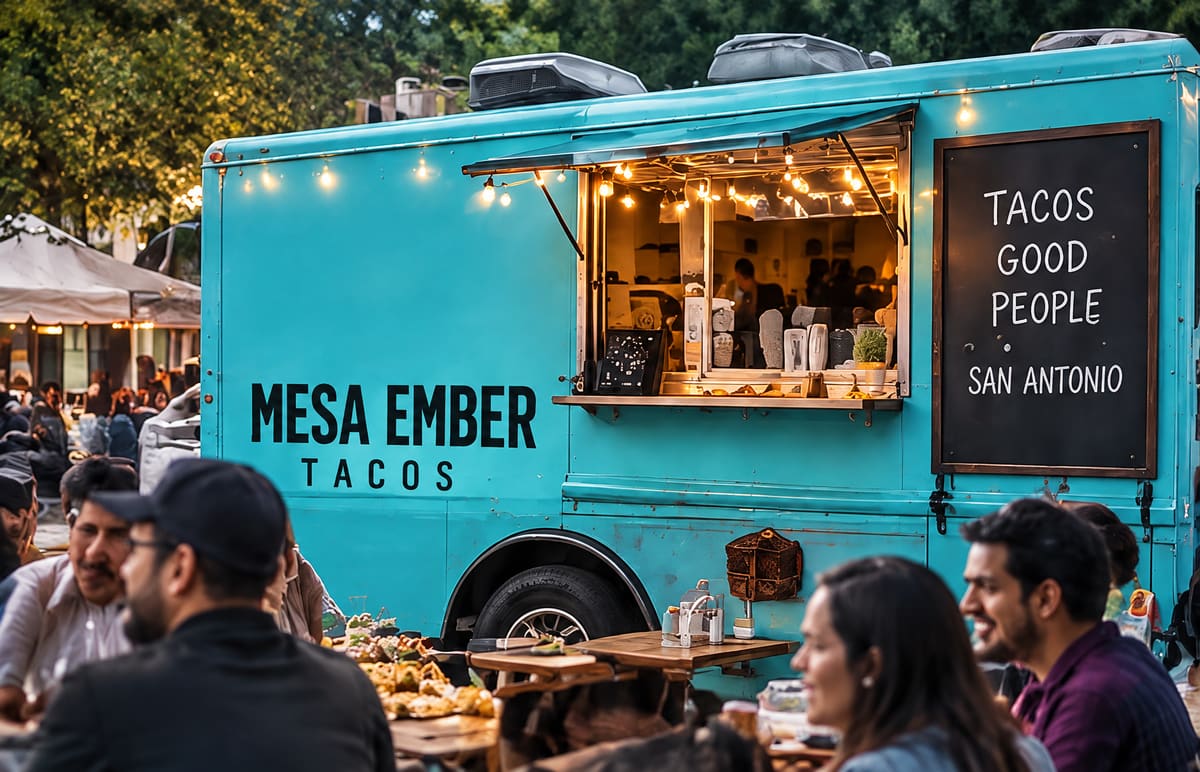 A turquoise taco truck with an open service window and string lights, people gathered outside at an evening event